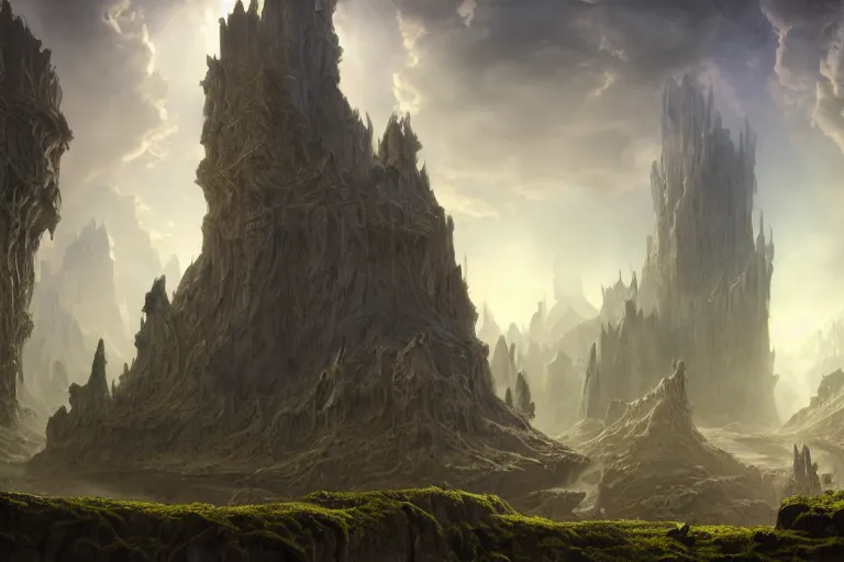 Image similar to A hyper realistic detailed matte painting of the entrance to a dungeon of the maw at the base of a psychedelic monolith, dramatic lighting, dynamic lighting, cinematic lighting, lit by morning light, by Raphael Lacoste and John Howe and Jonathan Berube, unreal engine, featured on artstation, ultrawide angle, polarizer filter, crowd of mushrooms