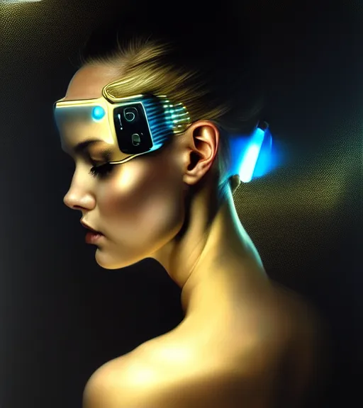 Image similar to beauty woman wrapped in white and gold, Terminator artifacts, electronic case display, cyberpunk tech, ultrarealistic, futuristic, back lit, dramatic lighting, electrical details, high details, 4k, 8k, best, accurate, trending on artstation, artstation, photorealism, ultrarealistic, digital painting, style of Peter Mohrbacher, Caravaggio, Caravaggio, Boris Vallejo, Hajime Sorayama