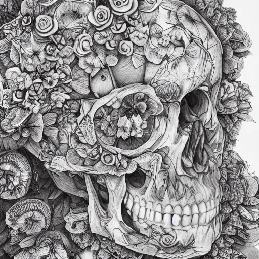 Image similar to a beautiful detailed photo of a rotten woman corpse morphing into fractal plants and fractal flowers and mushrooms, skull, 🌺, face muscles, veins, anatomical, intricate, ornate, volumetric light, beautiful lit, beetlejuice