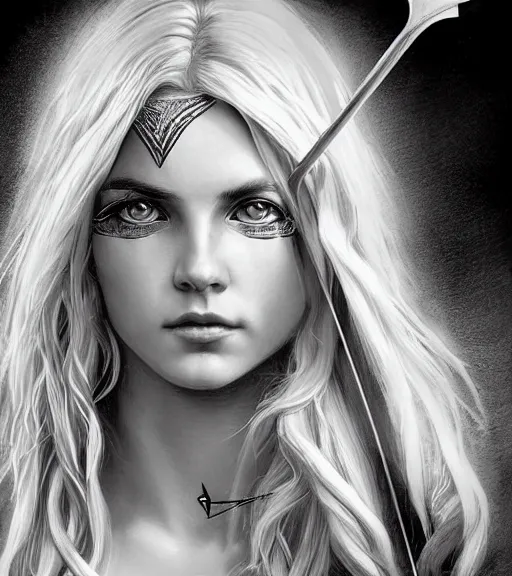 Image similar to portrait of beautiful aphrodite goddess as an archer warrior, arrow, beautiful piercing eyes, flowing blonde hair, realistic face, black and white drawing, in the style of greg rutkowski, fantasy, amazing detail, epic, intricate, elegant, smooth, sharp focus