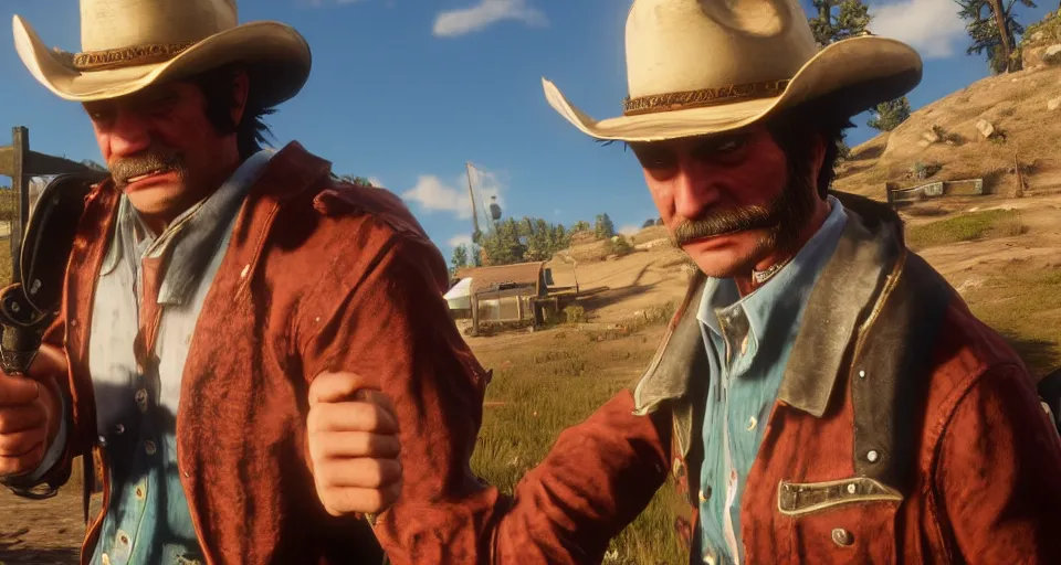 Prompt: Screenshot of Carl Brutananadilewski from Aqua Teen Hunger Force as a 3d cowboy in full cowboy attire in the videogame 'Red Dead Redemption 2'. Sharpened. 1080p. High-res. Ultra graphical settings.