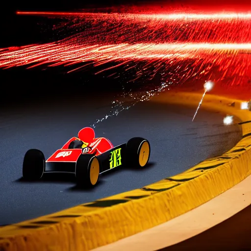 Image similar to go - kart racer taking a corner at speed on a race track, motion blur, laser, smoke, debris, fast movement, artistic angle, light streaks, dark mood, night time