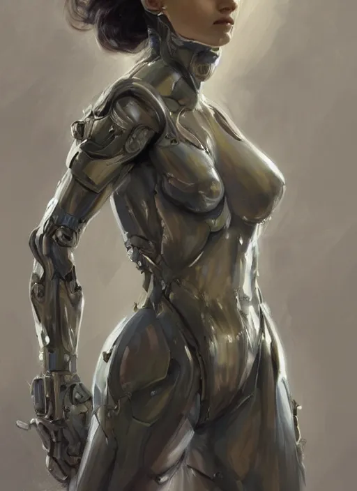 Image similar to a professional painting of a beautiful young female, clothed in stealth armor, cybernetic implants, olive skin, long dark hair, beautiful bone structure, symmetrical facial features, intricate, elegant, digital painting, concept art, smooth, sharp focus, illustration, from Metal Gear, by Ruan Jia and Mandy Jurgens and Artgerm and William-Adolphe Bouguerea