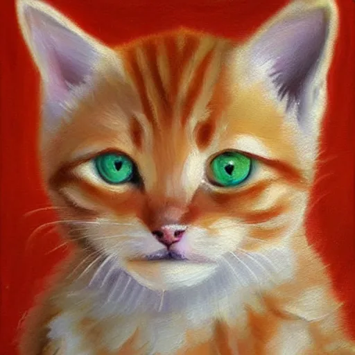 Image similar to knife palette oil painting of orange tabby kitten with golden eyes