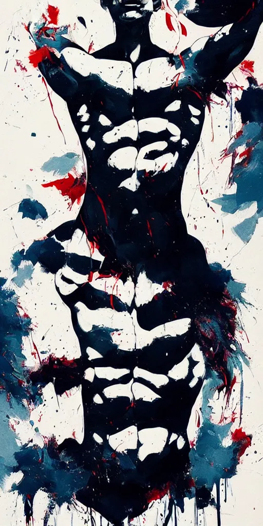 Prompt: abstract flowing brush strokes of the outline of the closeup torso of athletic man posing dramatically with no face, by conrad roset, dark background, painting trending on artstation