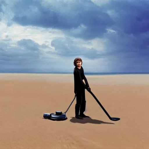 Image similar to anakin skywalker vacuuming the beach for sand, 4k, photorealistic,