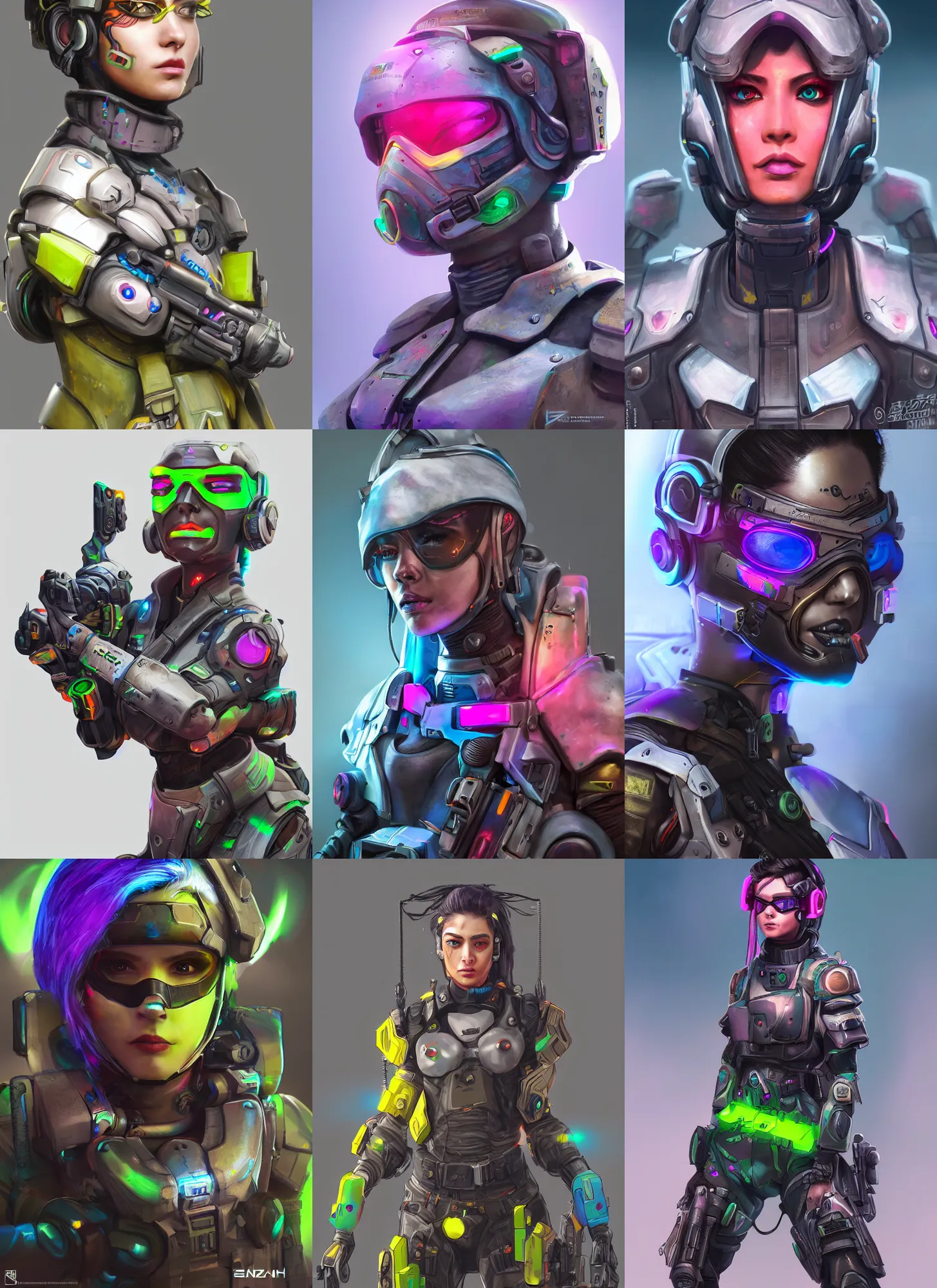 Prompt: a hyper realistic detailed military tech advanced cyberpunk neon colored portrait of a female warrior wearing overwatch armor, zoom lens, concept art, photography, realistic, 8 k, vray, concept armor, artstation, deviantart