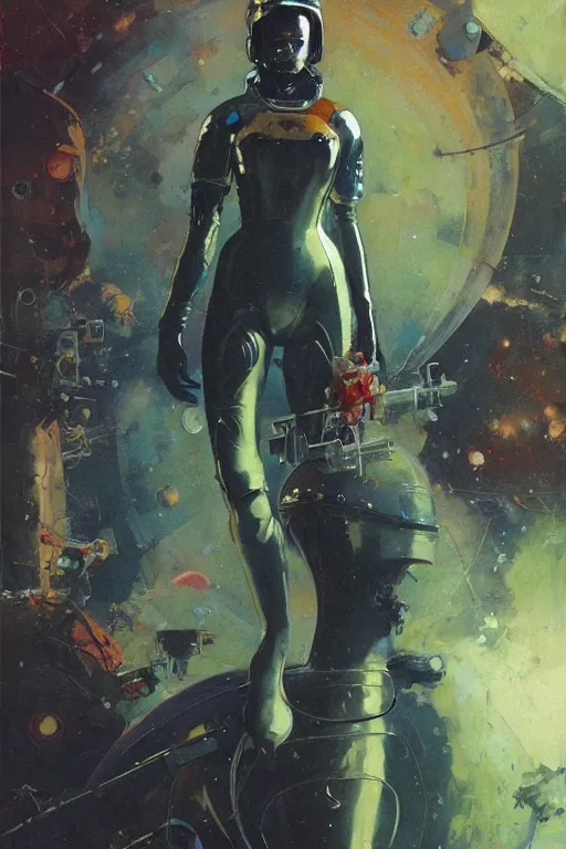 Image similar to pulp scifi fantasy illustration full body portrait of elegant woman wearing latex spacesuit, by norman rockwell, jack kirby, john berkey, bergey, craig mullins, ruan jia, raymond swanland, jeremy mann, beksinski, tom lovell, rodney matthews