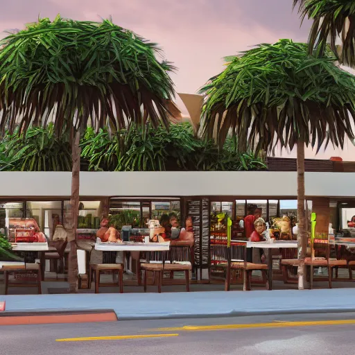 Image similar to fast food restaurant with palm trees, concept art, octane render