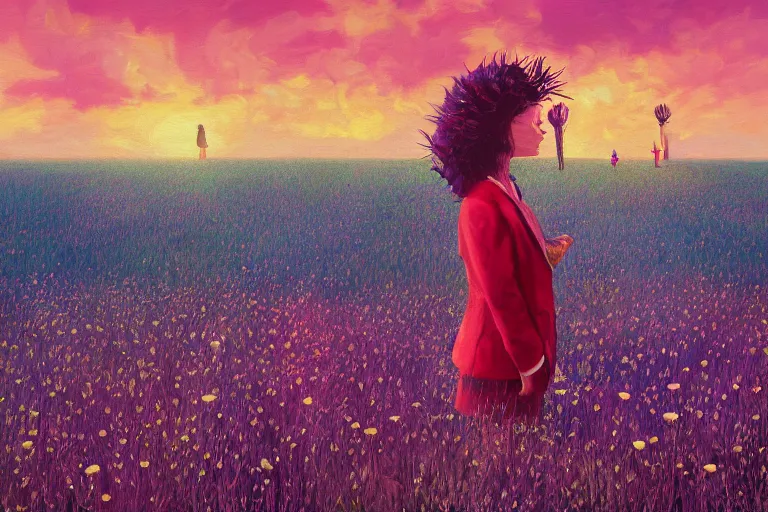 Image similar to giant thistle flower head, girl in suit in field of flowers, surreal photography, sunrise, blue sky, dramatic light, impressionist painting, digital painting, artstation, simon stalenhag