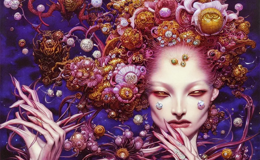 Prompt: flower creature, a lot of diamonds around, by ayami kojima, by francis bacon, smooth shading, by amano, by karol bak, greg hildebrandt, by mark brooks, by moebius, by alex grey, by zdzisław beksinski, 8 0's sci - fi, retro, wrapped thermal background