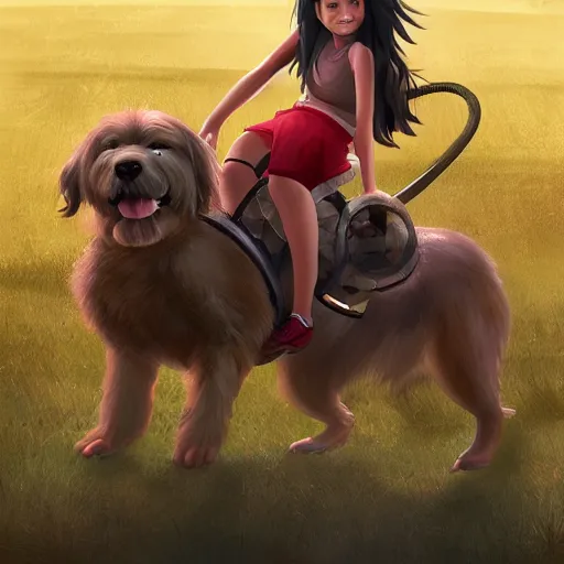 Image similar to girl riding a giant schanuzer dog at the park, trending on artstation