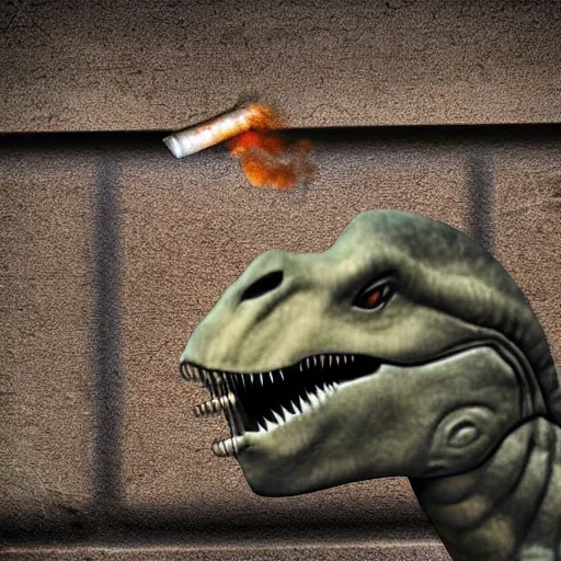 Image similar to dinosaur smoking a cigarette in their mouth realistic hdr professional shot