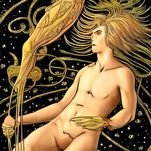 Image similar to a modern genderless reincarnation of the old selenium greek god of hunt known as artemixel the selene, myth portrayed by moebius himself with love, detail and care