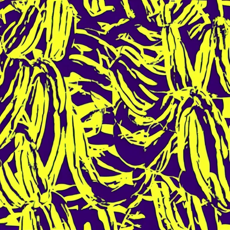 Prompt: bananas by andy warhol emerging from illusory motion dazzle camouflage perlin noise optical illusion