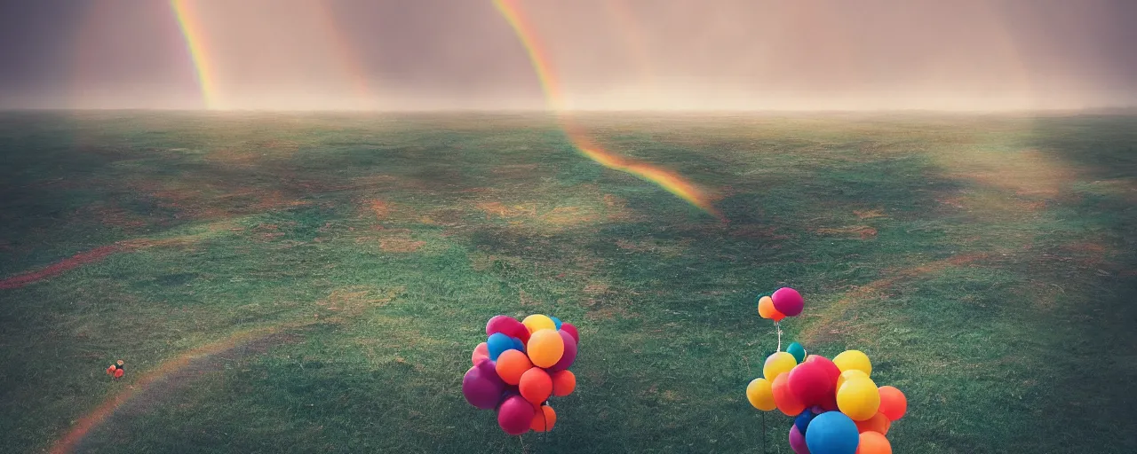 Image similar to ” clown world landscape, [ by wlop, cinematic, detailed, clown, widescreen, opening, establishing, mattepainting, photorealistic, rainbow textures, octane render ] ”