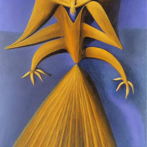 Prompt: an original painting by remedios varo, uses gold, airy, blue, orange and violet as colors