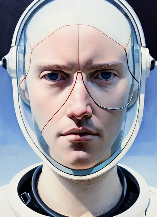 Image similar to artwork by james jean and Phil noto; a close up on the face of a beautiful man and woman in a future space suit; wearing futuristic astronaut helmet; highly detailed; pretty eyes; circular black pupils; artwork by james jean and Phil noto