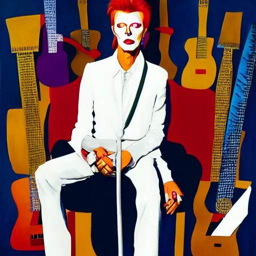 Image similar to a painting of David Bowie, wearing a white suit, sitting on a throne of guitars, in the style of Alex Ross