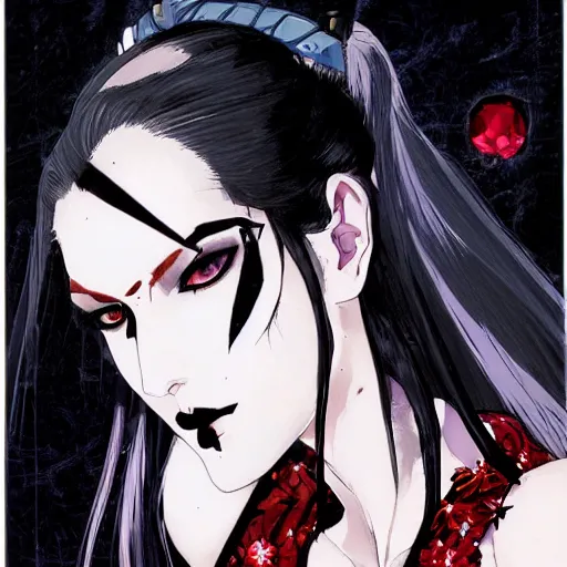 Image similar to beautiful pale - skinned goth girl with a red diamond on her forehead, yoji shinkawa