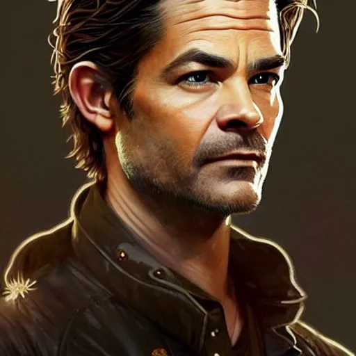 Prompt: A combination of Timothy Olyphant's and Orlando Bloom's and Chris Pine's faces as Nathan Drake, western, D&D, fantasy, intricate, elegant, highly detailed, digital painting, artstation, concept art, matte, sharp focus, illustration, art by Artgerm and Greg Rutkowski and Alphonse Mucha