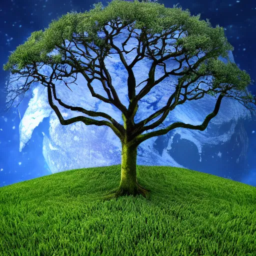 Prompt: tree with earth as his leafs, 4k, photo-realistic