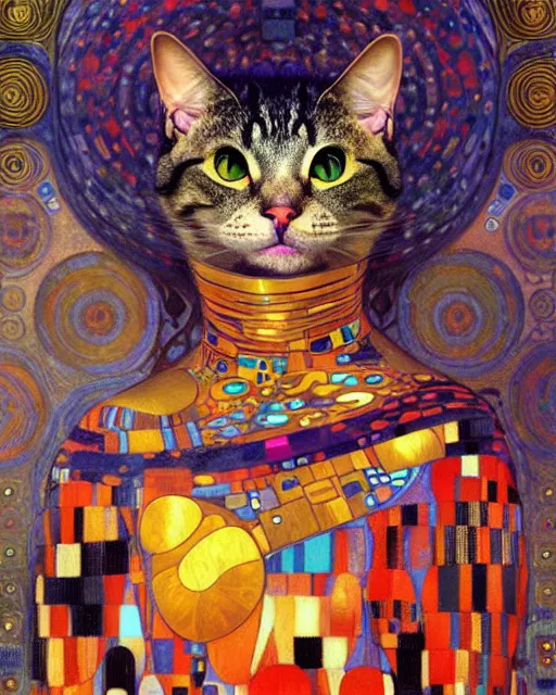 Image similar to futuristic cat portrait an oil painting splashes with many colors and shapes by gustav klimt greg rutkowski and alphonse mucha, polycount, generative art, psychedelic, fractalism, glitch art