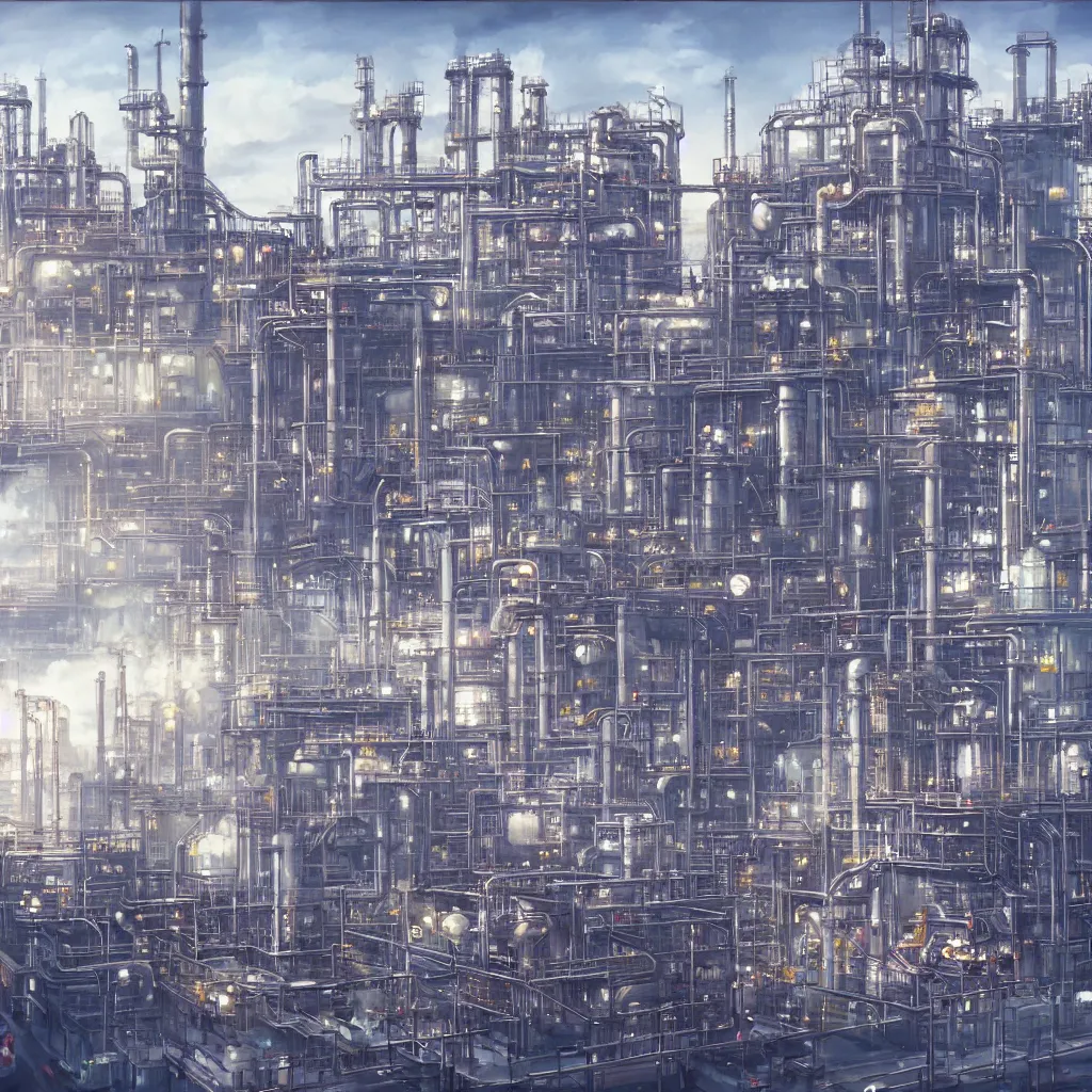 Prompt: a painting of a futuristic refinery made of chrome, concept art by taro yamamoto, pixiv contest winner, auto - destructive art, official art, concept art, pixiv