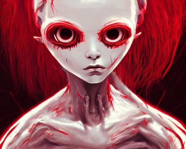 Prompt: alien creature, red, eyes growing on creature, spindly ; high detailed artwork by ilya kuvshinov ; sci - fi, detailed, scary, dangerous ; trending on artstation!!