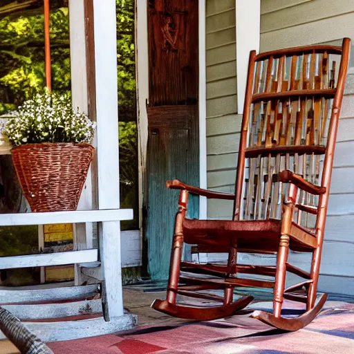 Image similar to a bible book set on top a rocking chair on a rural southern porch