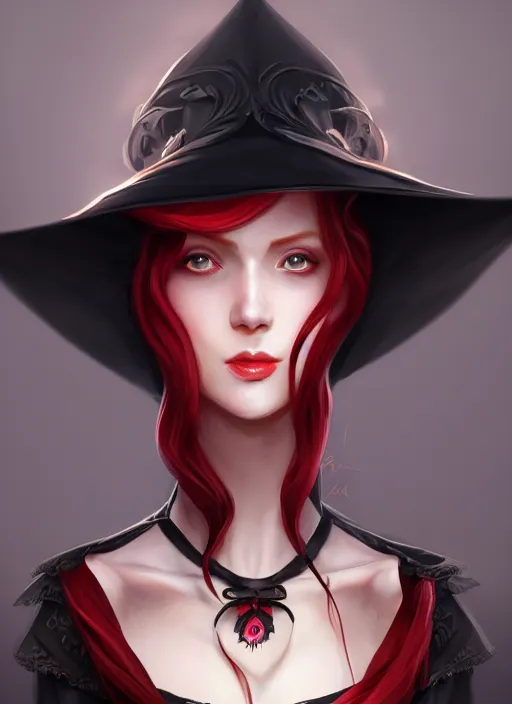 Image similar to a highly detailed illustration of tall beautiful red haired lady wearing black noir dress and black sun hat, dramatic smile pose, perfect face, perfect body, perfect eyes, intricate, elegant, highly detailed, centered, digital painting, artstation, concept art, smooth, sharp focus, league of legends concept art, wlop.