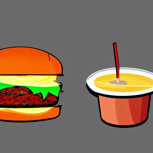 Image similar to a cartoon picture of a burger and a drink, concept art by derf, featured on deviantart, sots art, sketchfab, behance hd, concept art