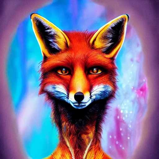 Prompt: portrait of a humanoid fox in the movie fear and loathing in las vegas, extremely detailed, psychedelic, trippy, digital painting, centered, cinematic lighting, vertical symmetry, trending, artstation