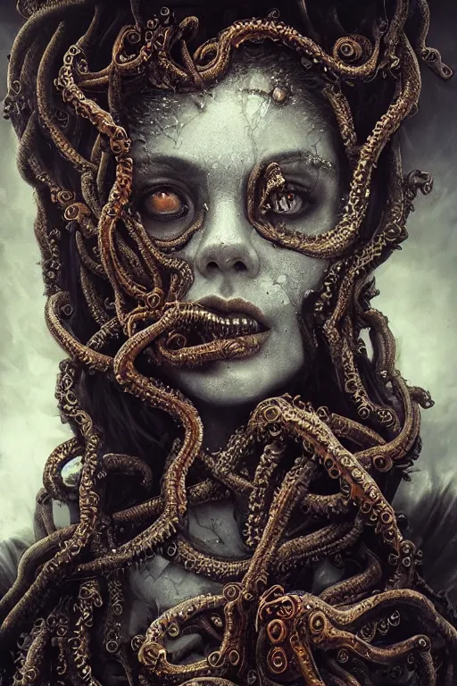 Prompt: realistic portrait of beautifully crystalized and detailed portrait of a zombie woman with gasmask, tentacles, tendrils, eldritch, matte painting of cinematic movie scene red dragon, horror, created by gustave dore and greg rutkowski, high detailed, smooth draw, synthwave neon retro, intricate, realistic proportions, dramatic lighting, trending on artstation.