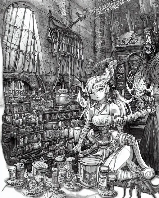 Prompt: A merchant selling treasuries and potions, high detailed store, black and white, fantasy art, goblin art, in the style of masami kurumada, illustration, epic, fantasy, intricate, hyper detailed, artstation, concept art, smooth, sharp focus, ray tracing