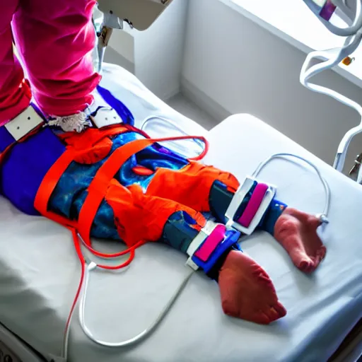 Image similar to crazy clown strapped in hospital bed with wrist restraints on, restraints have fabric straps attached to hospital bed, photograph, 8 k