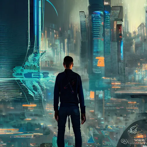 Image similar to young French man with blue energy wing on his back, behind a futuristic cyberpunk city, hyperrealistic, high quality, multiple details