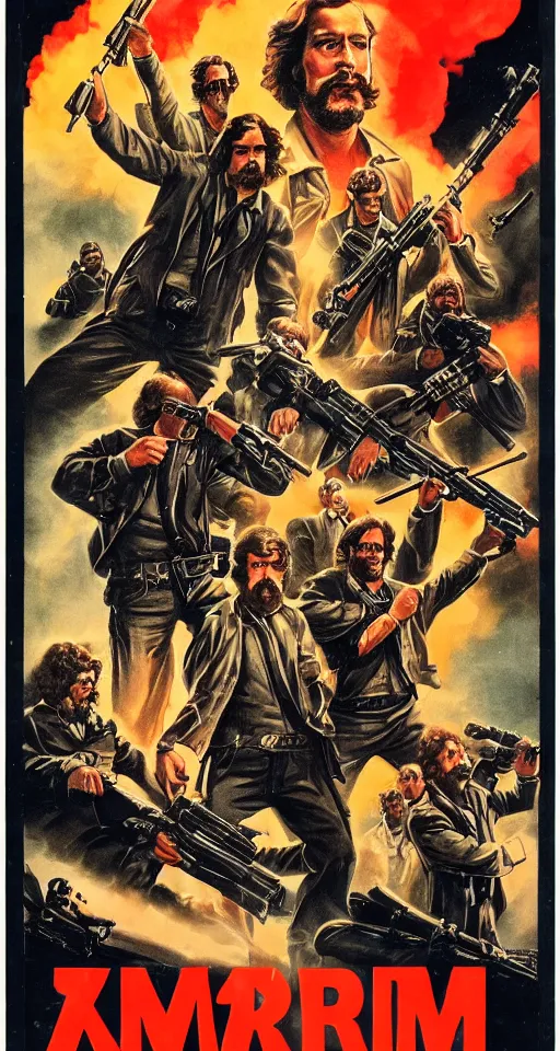 Prompt: very detailed 70s action movie poster with one Karl Marx with a machine gun, drawing 4k, grainy picture cinematic dramatic light