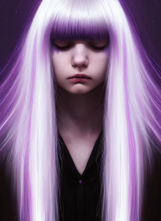 Image similar to hair whitebangs hair, black hair, blackbangswhitehair, portrait of teenage girl with white bangs, red irises, purple clothes, white bangs, bangs are different color from hair, intricate, elegant, glowing lights, highly detailed, digital painting, artstation, concept art, sharp focus, illustration, art by wlop, mars ravelo and greg rutkowski