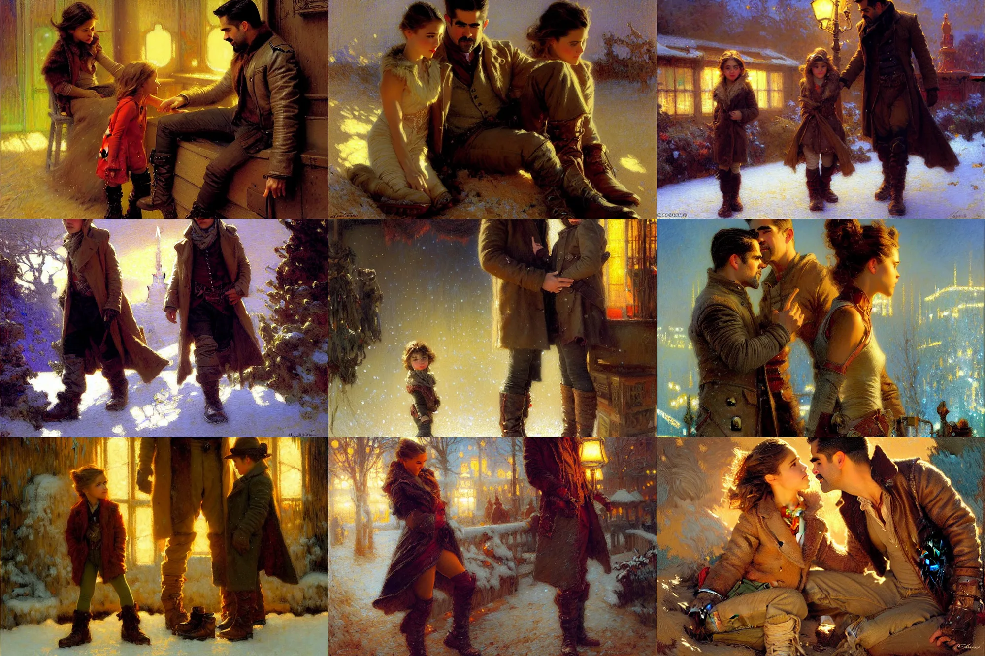 Prompt: winter, wearing boots colin farrell with jessica alba girl, neon light, painting by gaston bussiere, craig mullins, j. c. leyendecker