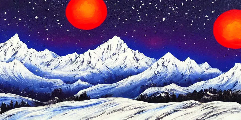 Prompt: 8k painting of Kashmir landscape with red moon and starry night in the background, icy mountains in the background