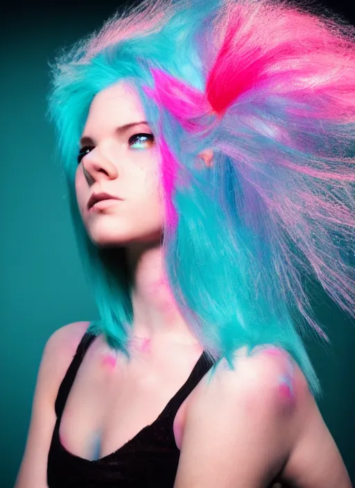 Image similar to a dramatic lighting photo of a beautiful young woman with cotton candy hair. blood splashes with a little bit of cyan and pink