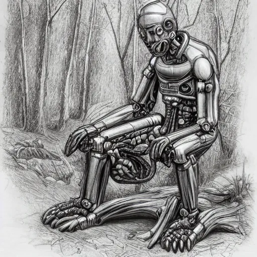 Image similar to A Cybernetic Thinker sculpture, sitting in a open forest, mushrooms and peyote at the base, high detail, b&w, ornate naturalist sketch