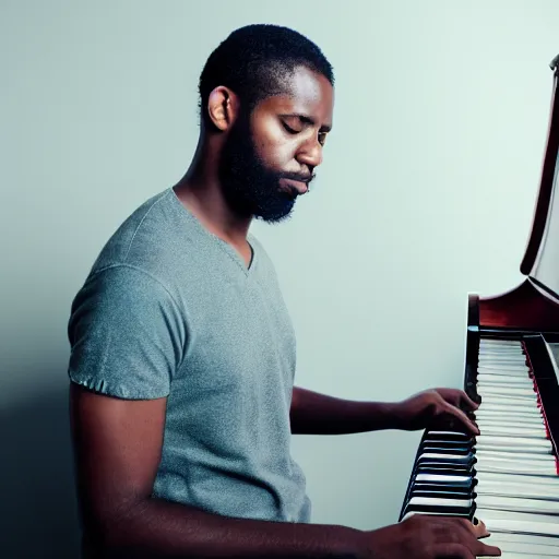 Prompt: 3 0 year old man playing the pino front facing his hands are covered by the piano light dark skin, his facing is facing front