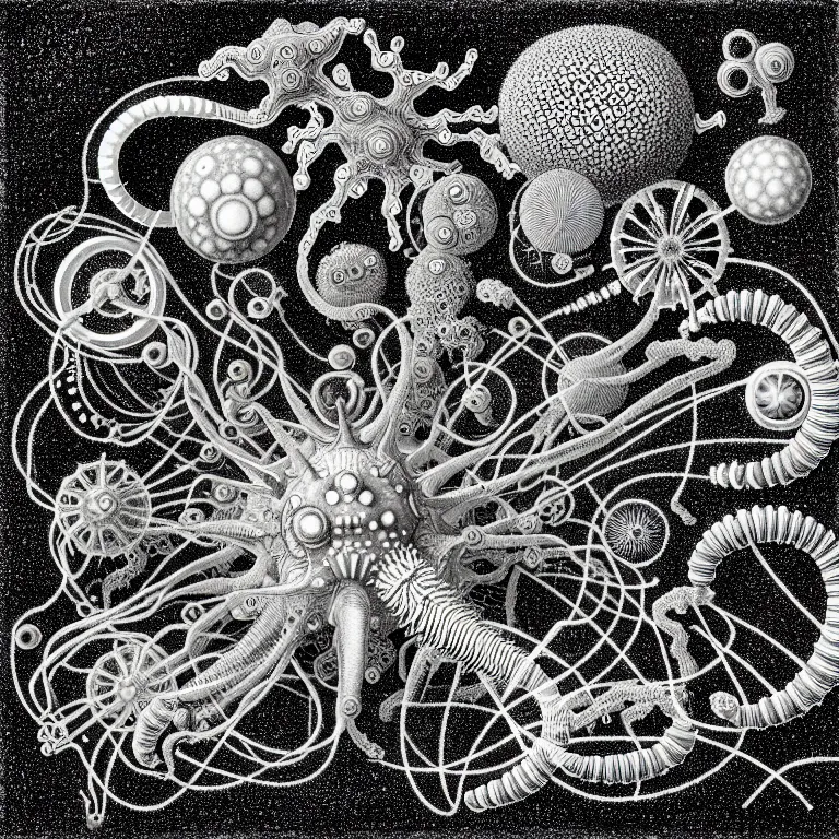 Prompt: a black and white drawing of a variety of sea life and filled with gundam mech equipment space station, a microscopic photo by ernst haeckel, zbrush central, kinetic pointillism, bioluminescence, biomechanical, intricate patterns, photoillustration