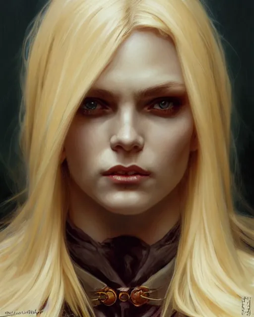 Image similar to portrait of a blonde vampire, dark, piercing eyes, gentle expression, elegant clothing, photorealistic, highly detailed, artstation, smooth, sharp focus, art by michael whelan, artgerm, greg rutkowski and alphonse mucha