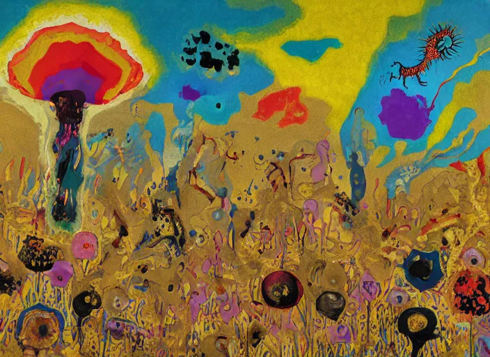 Image similar to expressionistic decollage painting golden armor alien zombie horseman riding on a crystal bone dragon broken rainbow diamond maggot horse in a blossoming meadow full of colorful mushrooms and golden foil toad blobs in a golden sunset, distant forest horizon, painted by Mark Rothko, Helen Frankenthaler, Danny Fox and Hilma af Klint, pixelated, semiabstract, color field painting, byzantine art, voxel art, pop art look, naive, outsider art. Barnett Newman painting, part by Philip Guston and Frank Stella art by Adrian Ghenie, 8k, extreme detail, intricate detail, masterpiece