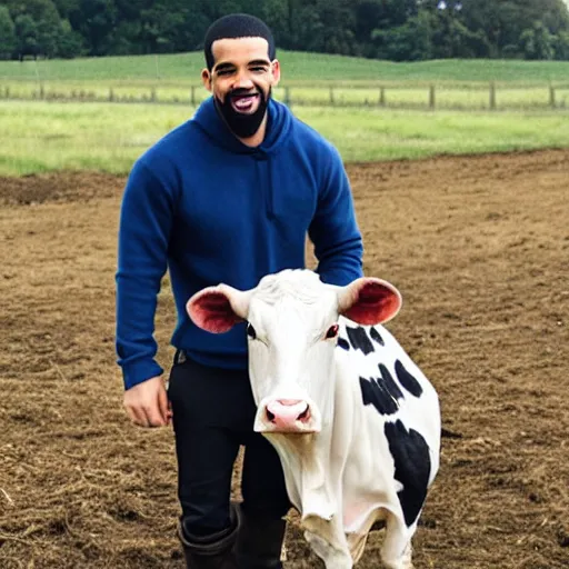 Image similar to drake, with a cow, at a dairy farm