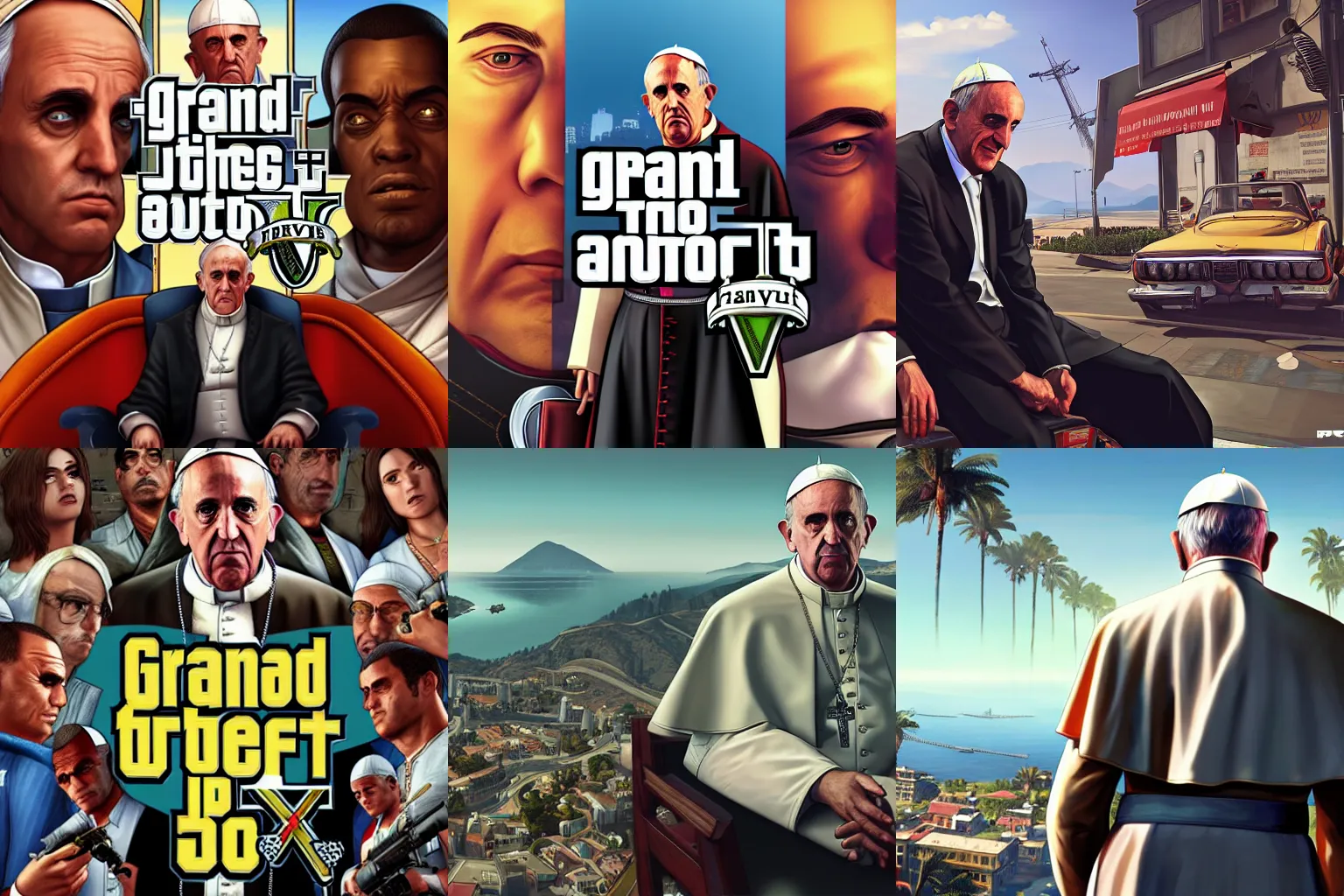 Prompt: Pope Francis in Grand Theft Auto 5 cover art, epic, 4k resolution, extremely detailed, very sharp, artstation, digital art, vibrant,