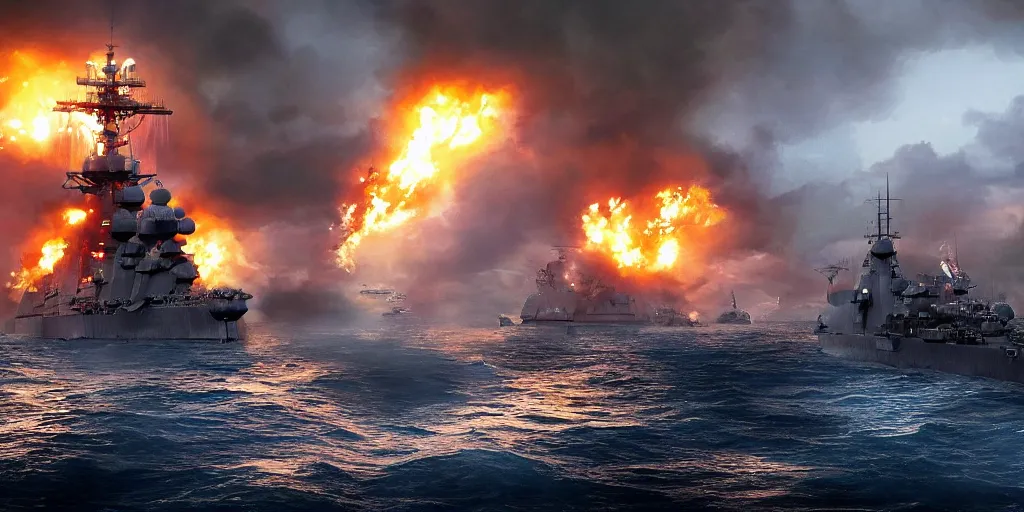 Prompt: a naval battle with battleships and submarines in the night with fire far away, high detail, high definition, photorealistic, 8k,